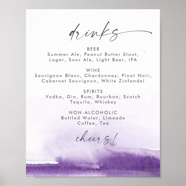 Poster Sinal de Menu de Bebidas de Casamento com Aquarela (Frente)