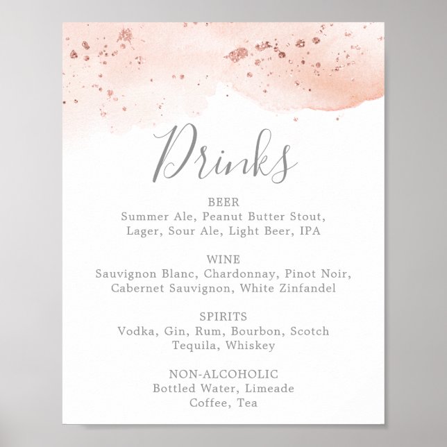 Poster Sinal de Menu de Bebidas de Casamento com Aquarela (Frente)