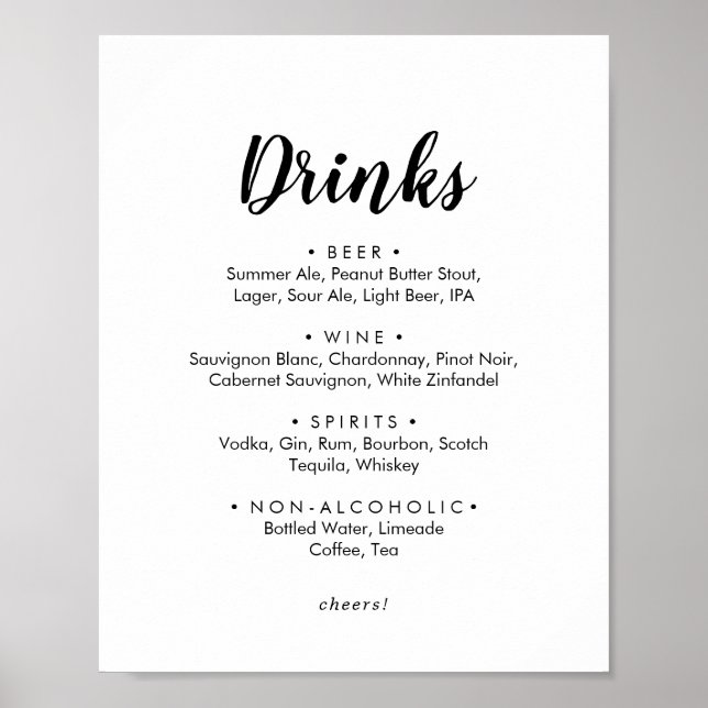 Poster Sinal de Menu de Bebidas de Casamento com Caligraf (Frente)