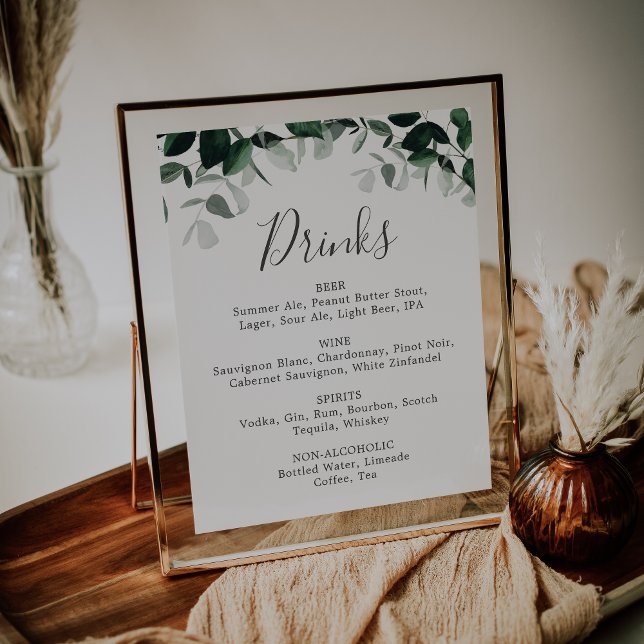 Poster Sinal de Menu de Bebidas de Casamento com Folhagem (Criador carregado)