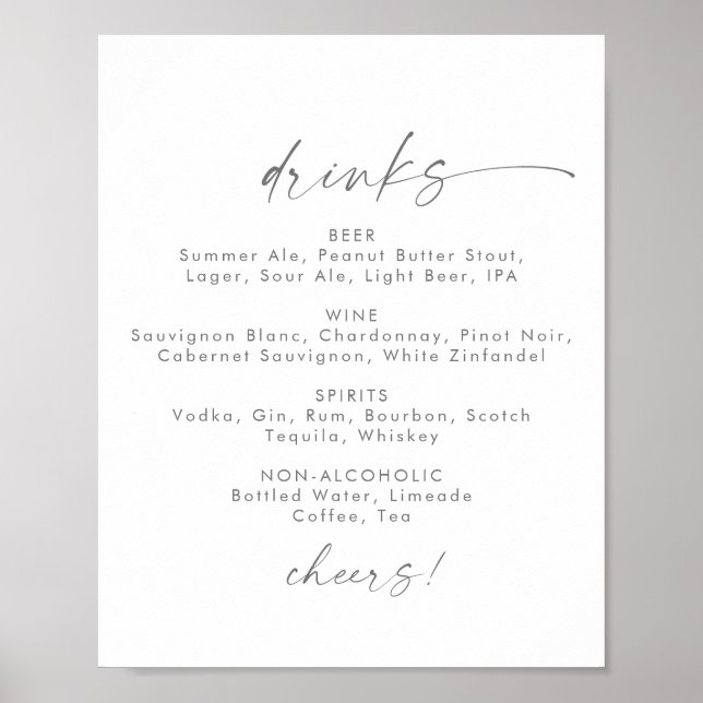 Poster Sinal de Menu de Bebidas de Casamento com Letra Pr (Frente)