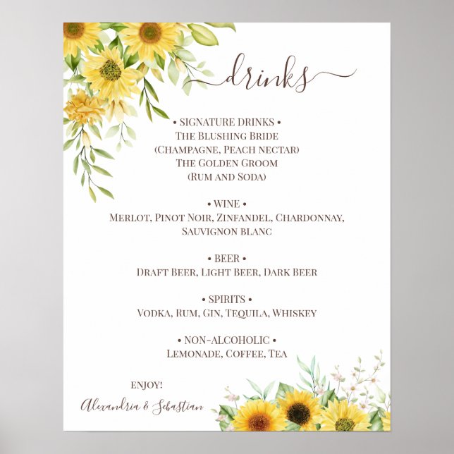 Poster Sinal de Menu de Bebidas de Casamento com Vegetaçã (Frente)