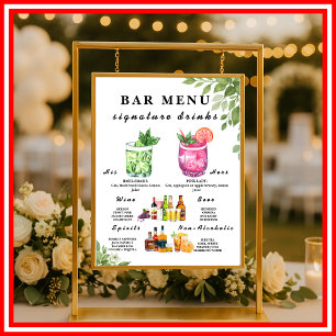 Poster Sinal de Menu de Bebidas de Casamento com Vegetaçã