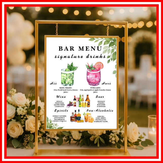 Poster Sinal de Menu de Bebidas de Casamento com Vegetaçã (Criador carregado)