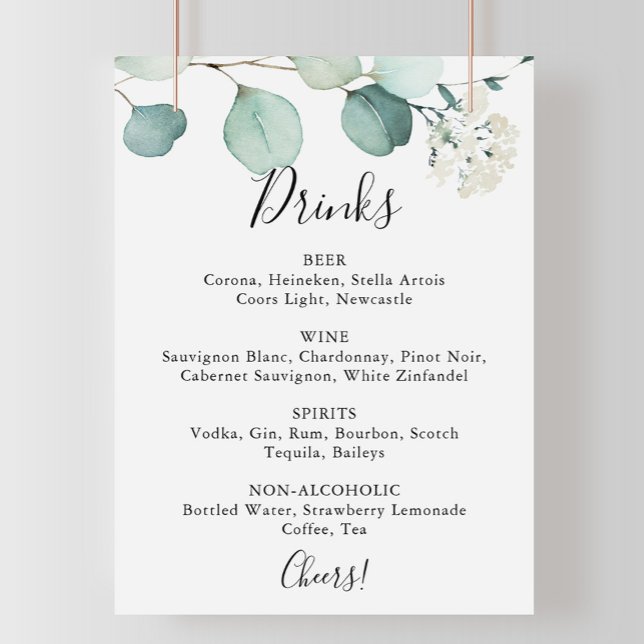 Poster Sinal de Menu de Bebidas de Casamento de Eucalipto (Criador carregado)