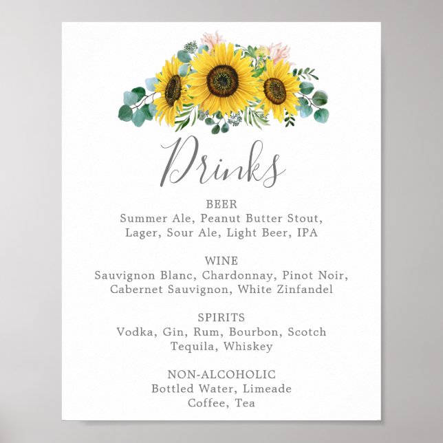 Poster Sinal de Menu de Bebidas de Casamento de Girassol  (Frente)