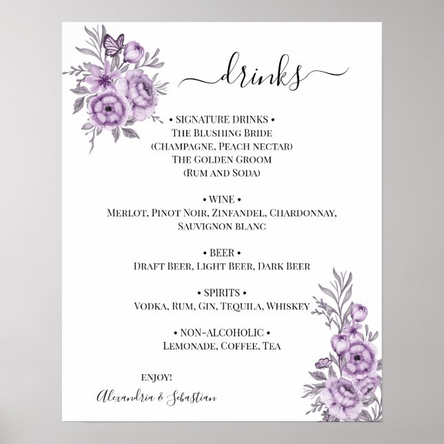 Poster Sinal de Menu de Bebidas de Casamento de Orquídea  (Frente)