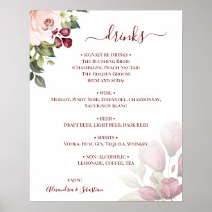 Poster Sinal de Menu de Bebidas de Casamento de Rosas Flo