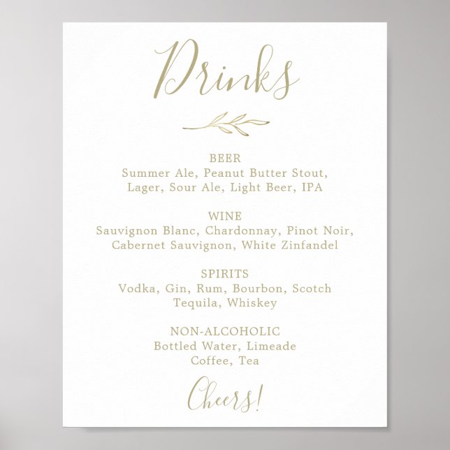 Poster Sinal de Menu de Bebidas de Casamento Dourado com  (Frente)
