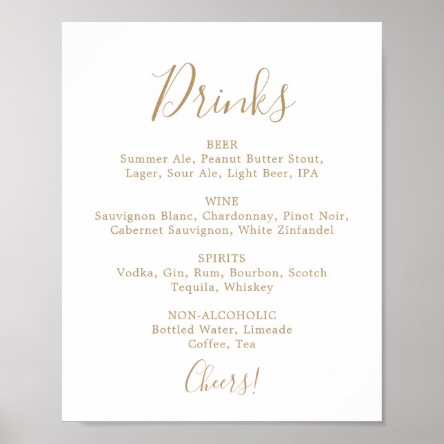 Poster Sinal de Menu de Bebidas de Casamento em Ouro Mini (Frente)