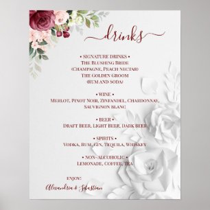 Poster Sinal de Menu de Bebidas de Casamento Floral
