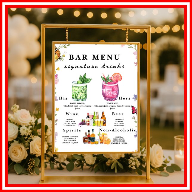 Poster Sinal de Menu de Bebidas de Casamento Floral Boho  (Criador carregado)