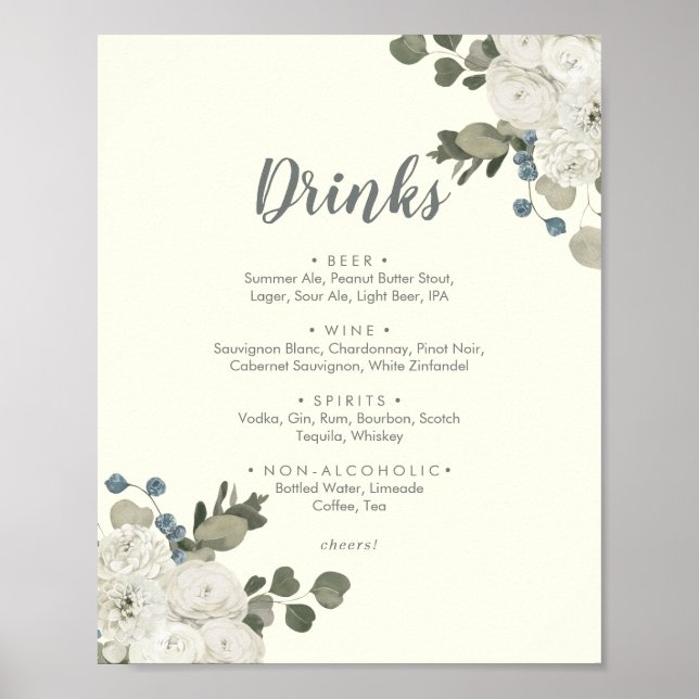 Poster Sinal de Menu de Bebidas de Casamento Floral de In (Frente)