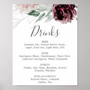 Poster Sinal de Menu de Bebidas de Casamento Floral Roman