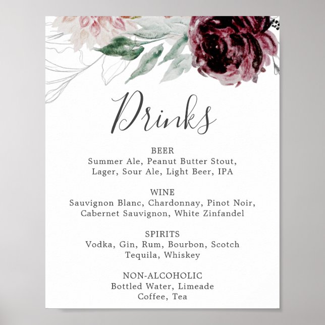 Poster Sinal de Menu de Bebidas de Casamento Floral Roman (Frente)
