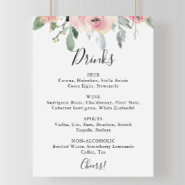 Poster Sinal de Menu de Bebidas de Casamento Floral Rosa
