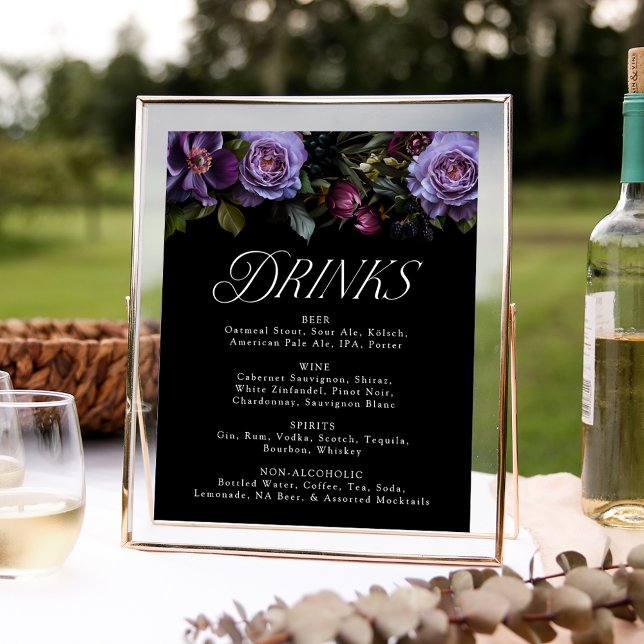 Poster Sinal de Menu de Bebidas de Casamento Floral Roxo  (Criador carregado)