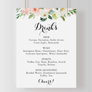 Poster Sinal de Menu de Bebidas de Casamento Floral Verde