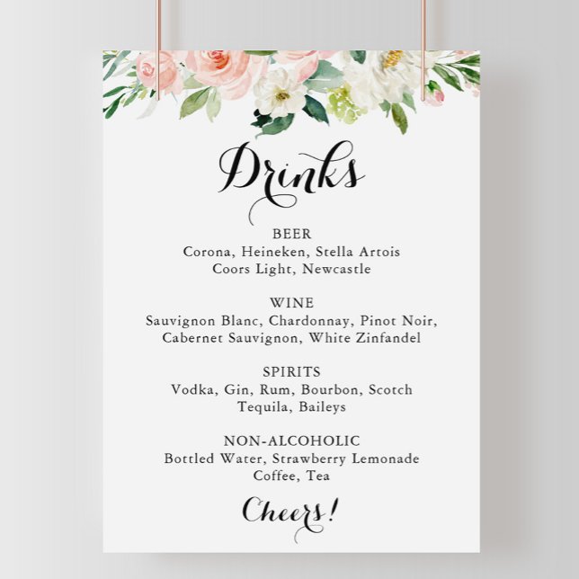 Poster Sinal de Menu de Bebidas de Casamento Floral Verde (Criador carregado)