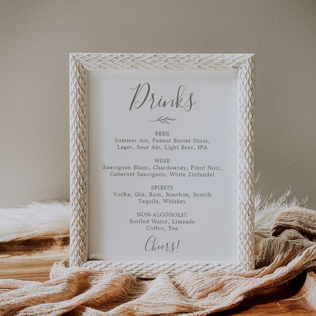 Poster Sinal de Menu de Bebidas de Casamento Folha Mínima (Criador carregado)