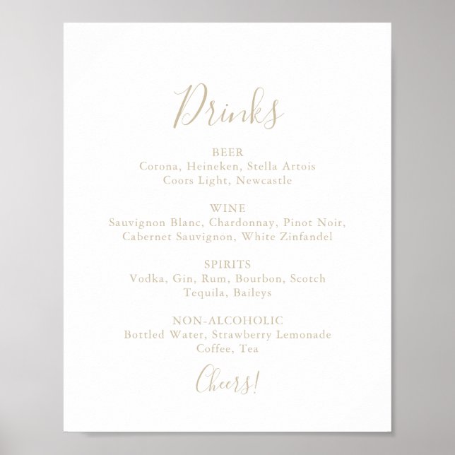 Poster Sinal de Menu de Bebidas de Casamento Minimalista  (Frente)