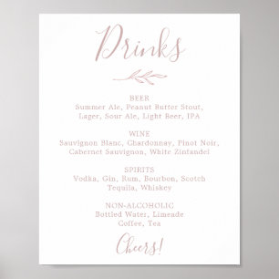 Poster Sinal de Menu de Bebidas de Casamento Rosa Bege co
