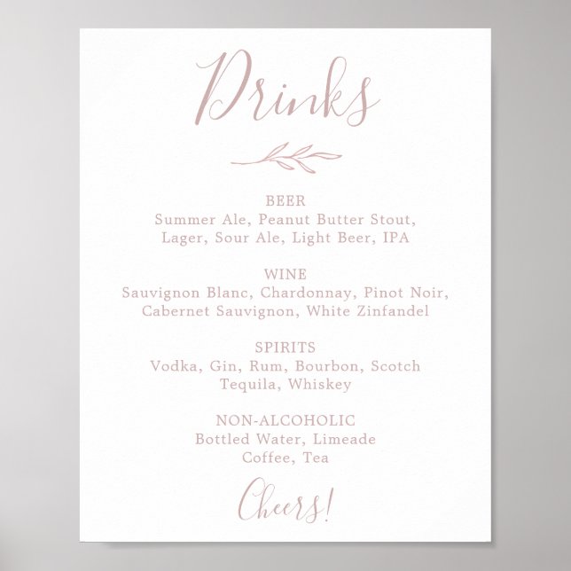 Poster Sinal de Menu de Bebidas de Casamento Rosa Bege co (Frente)