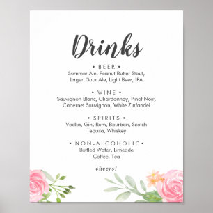 Poster Sinal de Menu de Bebidas de Noiva Peônia de Primav