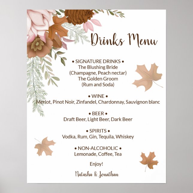 Poster Sinal de Menu de Bebidas de Outono Boho Casamento (Frente)