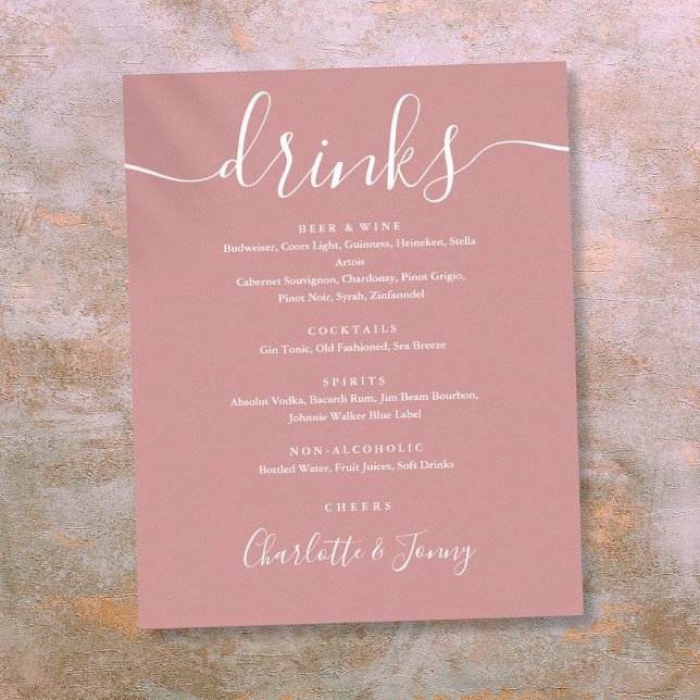 Poster Sinal de Menu de Bebidas de Roscas Empoeiradas com (Dusty Rose Signature Script Drinks Menu Sign)