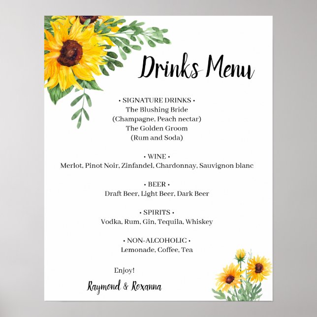 Poster Sinal de Menu de Bebidas de Verde Folhas e Girassó (Frente)