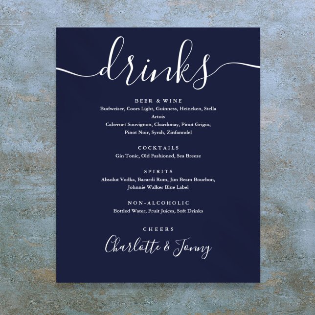 Poster Sinal de Menu de Bebidas em Escrita Azul-Marinho (Navy Blue Signature Script Drinks Menu Sign)