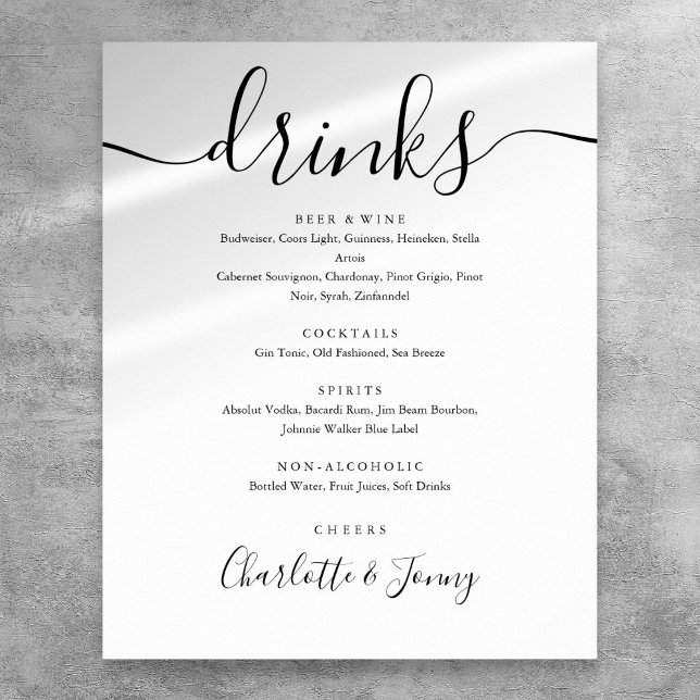 Poster Sinal de Menu de Bebidas em Letra de Assinatura Pr (Black And White Signature Script Drinks Menu Sign)