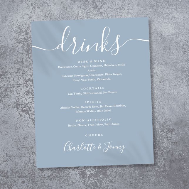 Poster Sinal de Menu de Bebidas em Script Azul Empoeirado (Dusty Blue Signature Script Drinks Menu Sign)