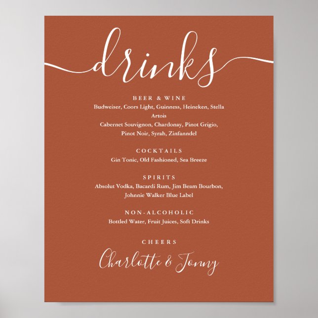 Poster Sinal de Menu de Bebidas em Script Terracota (Frente)