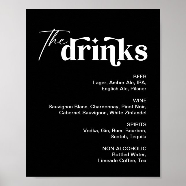Poster Sinal de Menu de Bebidas Pretas para Casamento (Frente)