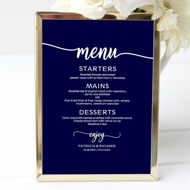 Poster Sinal de Menu de Casamento Caligrafia Chic Azul Ma (Criador carregado)