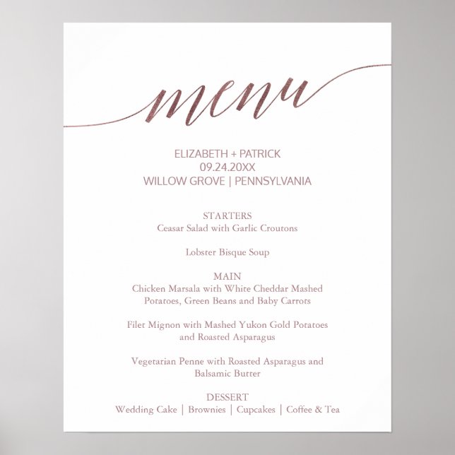Poster Sinal de Menu de Casamento com Caligrafia em Doura (Frente)