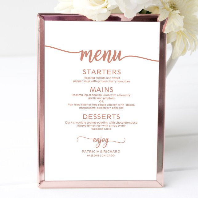 Poster Sinal de Menu de Casamento em Rose Gold com Caligr (Criador carregado)