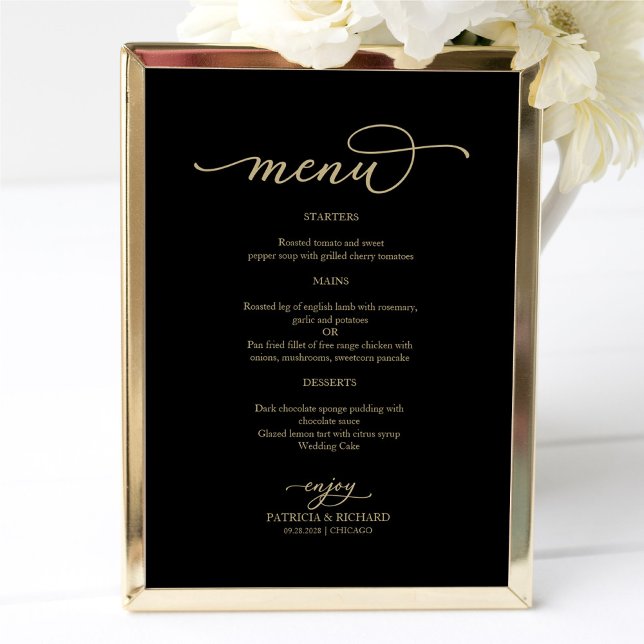 Poster Sinal de Menu de Casamento Preto com Letra Dourada (Criador carregado)
