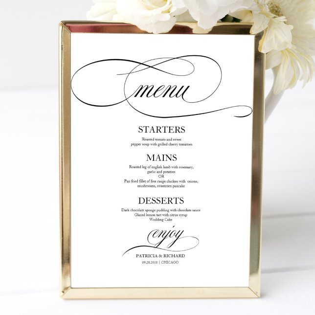 Poster Sinal de Menu de Casamento Script Chic Black (Criador carregado)