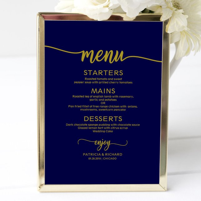 Poster Sinal de menu de casamentoMarinho Dourado chic Cal (Criador carregado)