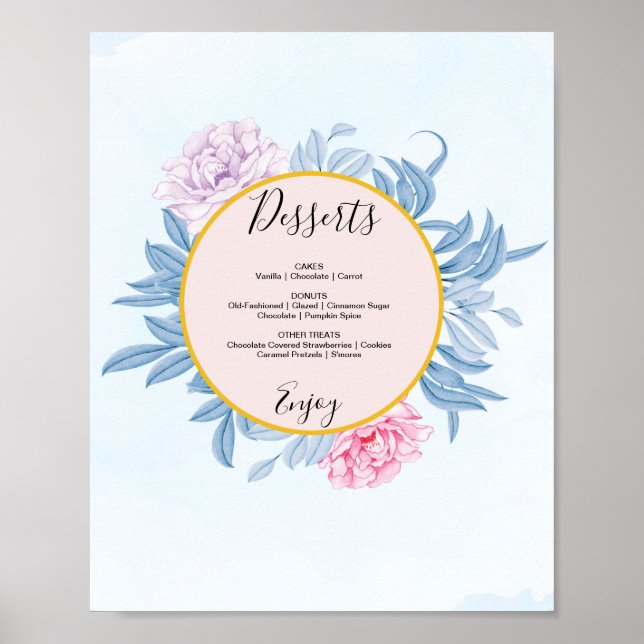 Poster Sinal de Menu de Sobremesa de Casamento com Aquare (Frente)