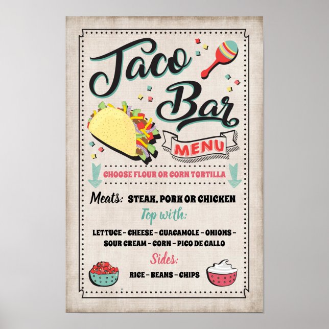 Poster Sinal de Menu de Taco Bar Party (Frente)