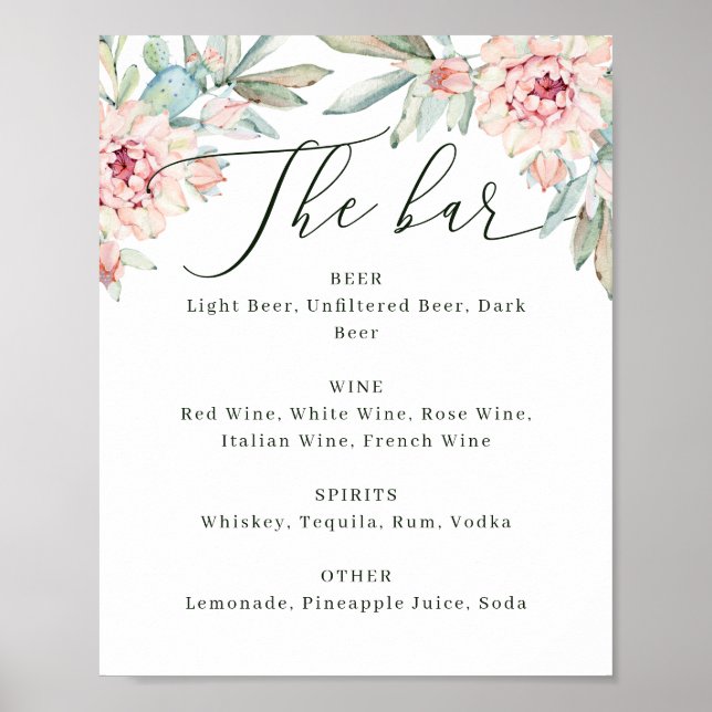 Poster Sinal de Menu do Bar de Casamento Floral. Botânica (Frente)