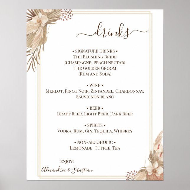Poster Sinal de Menu Drinks de Casamento Floral (Frente)