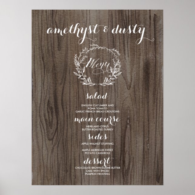 Poster Sinal de Menu Rustic Wedding - Aparência Wooden (Frente)