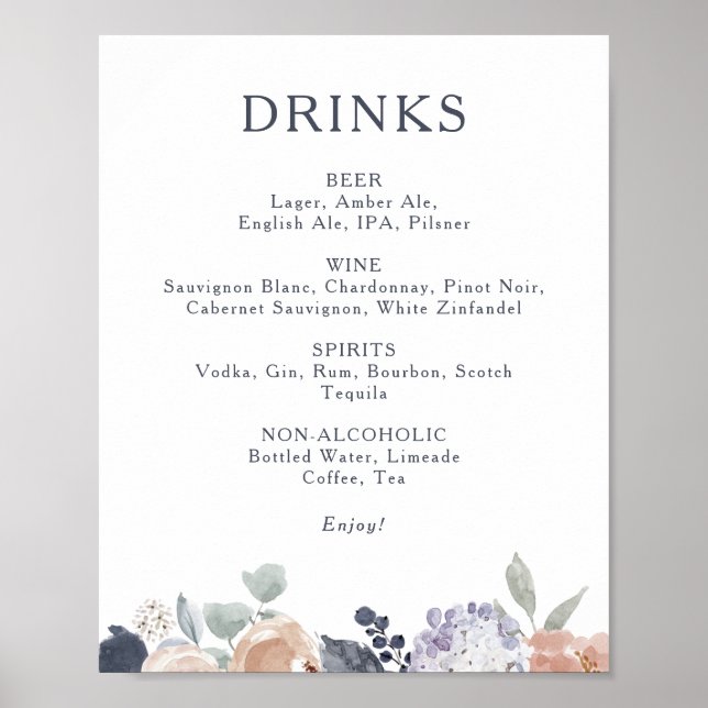 Poster Sinal de Menu Simples Rustic Floral Wedding Drinks (Frente)