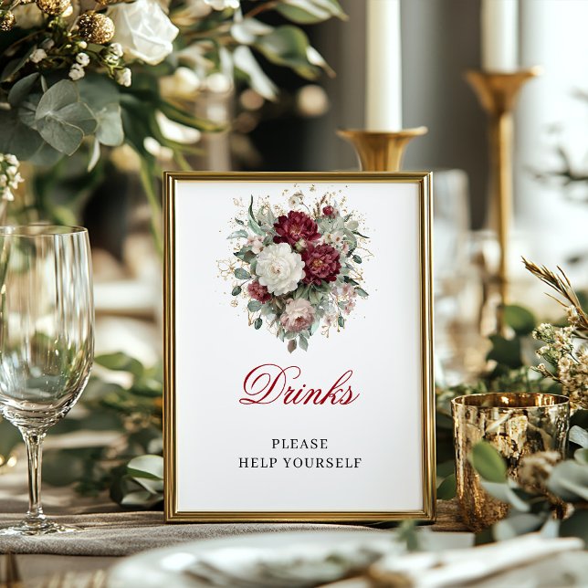Poster Sinal de Mesa Bebidas Burgundy Blush Refinado (Refined Blush Burgundy Drinks Tabletop Sign)