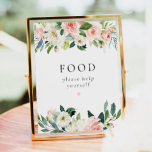 Poster Sinal de Mesa da Comida Floral Rosa-Esbranquiçada